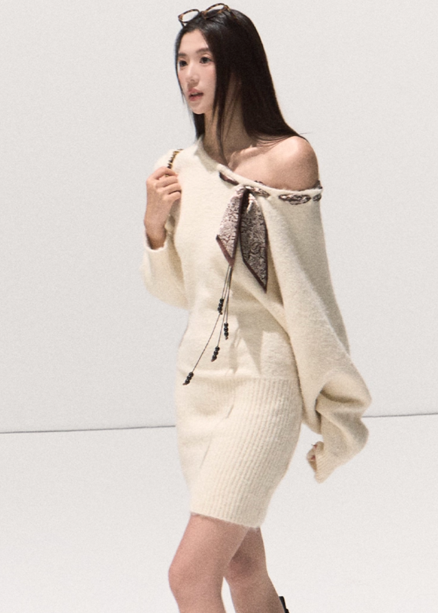OAKMOO off-shoulder knit dress, wool winter mini dress, sculpted waist sweater dress, soft feminine knitwear, Korean designer dress, winter contour silhouette, long sleeve wool dress, minimal luxury knit, warm off-shoulder dress, winter feminine style