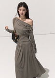 OAKMOO knit dress, off-shoulder knit gown, adjustable waist dress, wrap drape knit dress, winter long knit dress, soft feminine silhouette, Korean designer knitwear, sculptural knit dress, long sleeve winter dress, elegant minimal knitwear