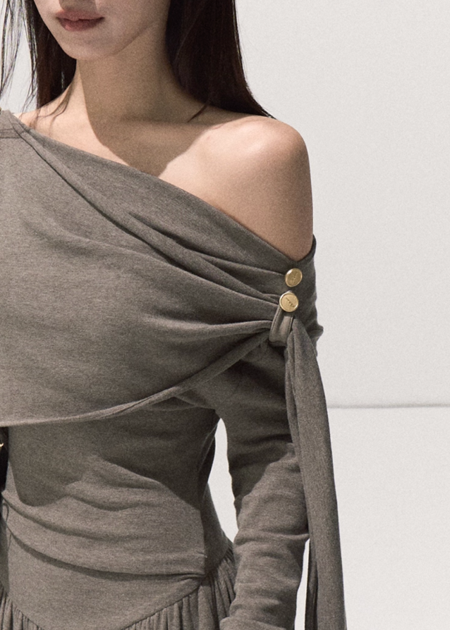 OAKMOO knit dress, off-shoulder knit gown, adjustable waist dress, wrap drape knit dress, winter long knit dress, soft feminine silhouette, Korean designer knitwear, sculptural knit dress, long sleeve winter dress, elegant minimal knitwear