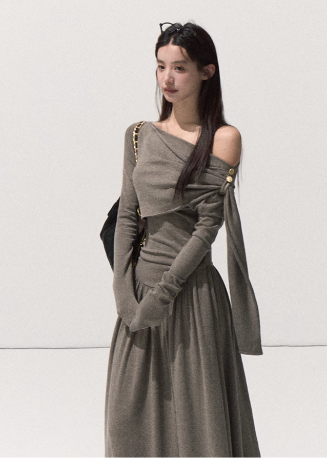 OAKMOO knit dress, off-shoulder knit gown, adjustable waist dress, wrap drape knit dress, winter long knit dress, soft feminine silhouette, Korean designer knitwear, sculptural knit dress, long sleeve winter dress, elegant minimal knitwear