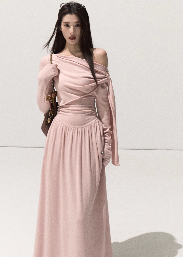 OAKMOO knit dress, off-shoulder knit gown, adjustable waist dress, wrap drape knit dress, winter long knit dress, soft feminine silhouette, Korean designer knitwear, sculptural knit dress, long sleeve winter dress, elegant minimal knitwear