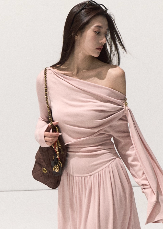 OAKMOO knit dress, off-shoulder knit gown, adjustable waist dress, wrap drape knit dress, winter long knit dress, soft feminine silhouette, Korean designer knitwear, sculptural knit dress, long sleeve winter dress, elegant minimal knitwear