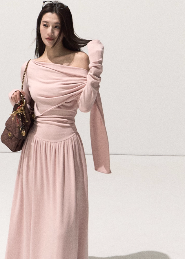 OAKMOO knit dress, off-shoulder knit gown, adjustable waist dress, wrap drape knit dress, winter long knit dress, soft feminine silhouette, Korean designer knitwear, sculptural knit dress, long sleeve winter dress, elegant minimal knitwear