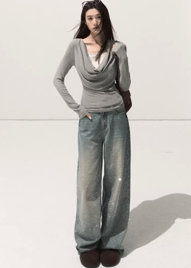 OAKMOO drape knit top, fake two layered top, lace trim knit shirt, fall winter knit base top, stretch slim knitwear, sculptural neckline top, Korean style layered knit, elegant inner top, long sleeve lace knit, soft feminine knitwear