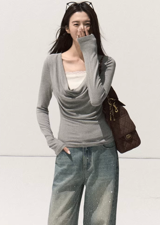 OAKMOO drape knit top, fake two layered top, lace trim knit shirt, fall winter knit base top, stretch slim knitwear, sculptural neckline top, Korean style layered knit, elegant inner top, long sleeve lace knit, soft feminine knitwear