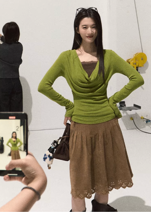 OAKMOO drape knit top, fake two layered top, lace trim knit shirt, fall winter knit base top, stretch slim knitwear, sculptural neckline top, Korean style layered knit, elegant inner top, long sleeve lace knit, soft feminine knitwear