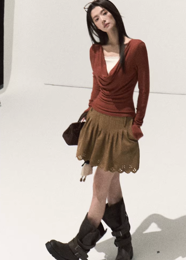 OAKMOO drape knit top, fake two layered top, lace trim knit shirt, fall winter knit base top, stretch slim knitwear, sculptural neckline top, Korean style layered knit, elegant inner top, long sleeve lace knit, soft feminine knitwear