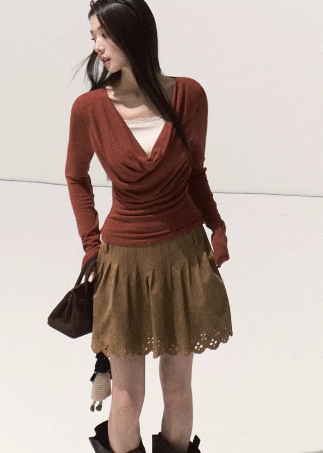 OAKMOO drape knit top, fake two layered top, lace trim knit shirt, fall winter knit base top, stretch slim knitwear, sculptural neckline top, Korean style layered knit, elegant inner top, long sleeve lace knit, soft feminine knitwear