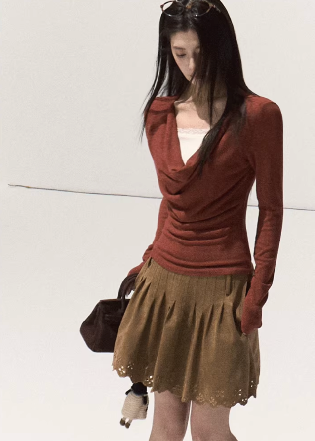 OAKMOO drape knit top, fake two layered top, lace trim knit shirt, fall winter knit base top, stretch slim knitwear, sculptural neckline top, Korean style layered knit, elegant inner top, long sleeve lace knit, soft feminine knitwear