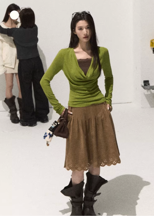 OAKMOO drape knit top, fake two layered top, lace trim knit shirt, fall winter knit base top, stretch slim knitwear, sculptural neckline top, Korean style layered knit, elegant inner top, long sleeve lace knit, soft feminine knitwear