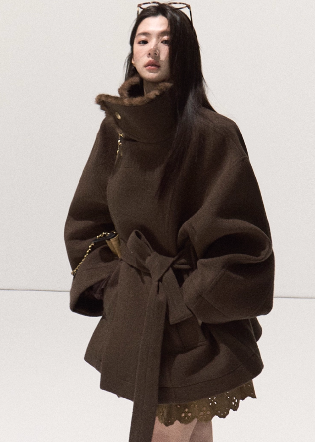 OAKMOO wool wrap coat, mink collar wool jacket, high neck wool coat, belted short tweed coat, sculptural wool outerwear, fall winter luxury coat, Korean style wool jacket, mink trim stand collar coat, brown wool coat women, oversized wool wrap jacket