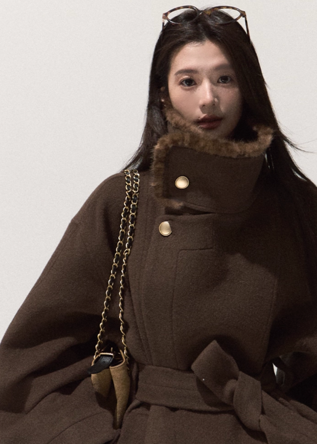 OAKMOO wool wrap coat, mink collar wool jacket, high neck wool coat, belted short tweed coat, sculptural wool outerwear, fall winter luxury coat, Korean style wool jacket, mink trim stand collar coat, brown wool coat women, oversized wool wrap jacket