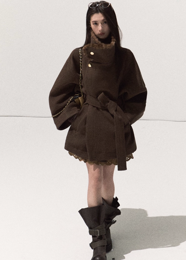 OAKMOO wool wrap coat, mink collar wool jacket, high neck wool coat, belted short tweed coat, sculptural wool outerwear, fall winter luxury coat, Korean style wool jacket, mink trim stand collar coat, brown wool coat women, oversized wool wrap jacket