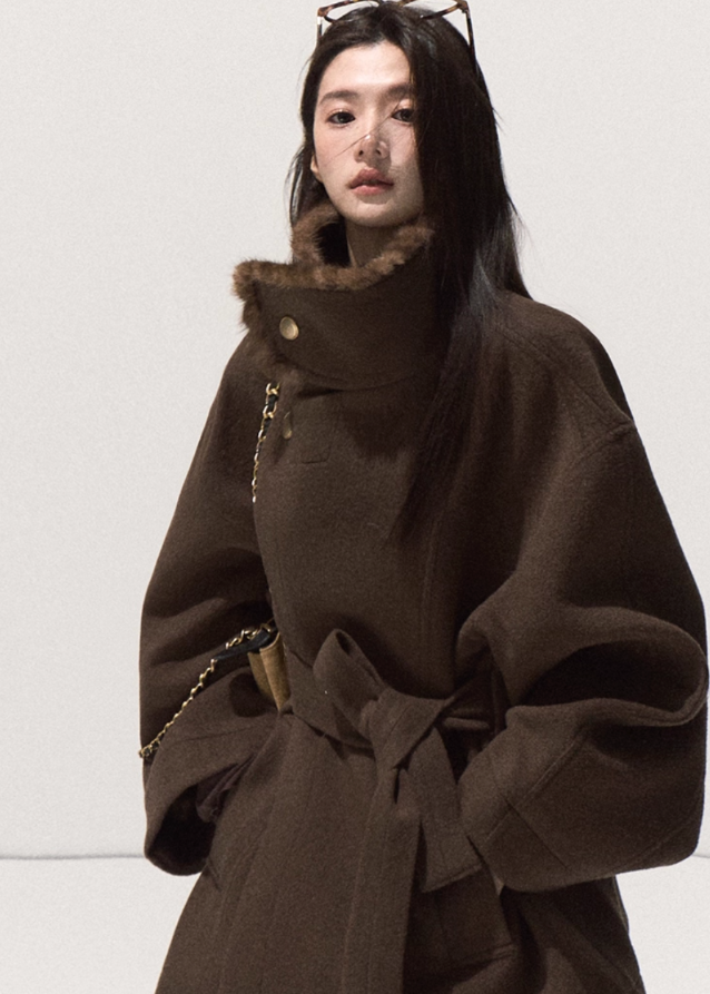 OAKMOO wool wrap coat, mink collar wool jacket, high neck wool coat, belted short tweed coat, sculptural wool outerwear, fall winter luxury coat, Korean style wool jacket, mink trim stand collar coat, brown wool coat women, oversized wool wrap jacket