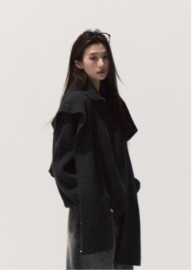 OAKMOO merino knit sweater, shawl collar knit top, foldover collar pullover, layered knit sweater women, winter merino wool top, sculptural knitwear, Korean style wool sweater, oversized warm merino pullover, fall winter boutique knit, soft luxury knit top