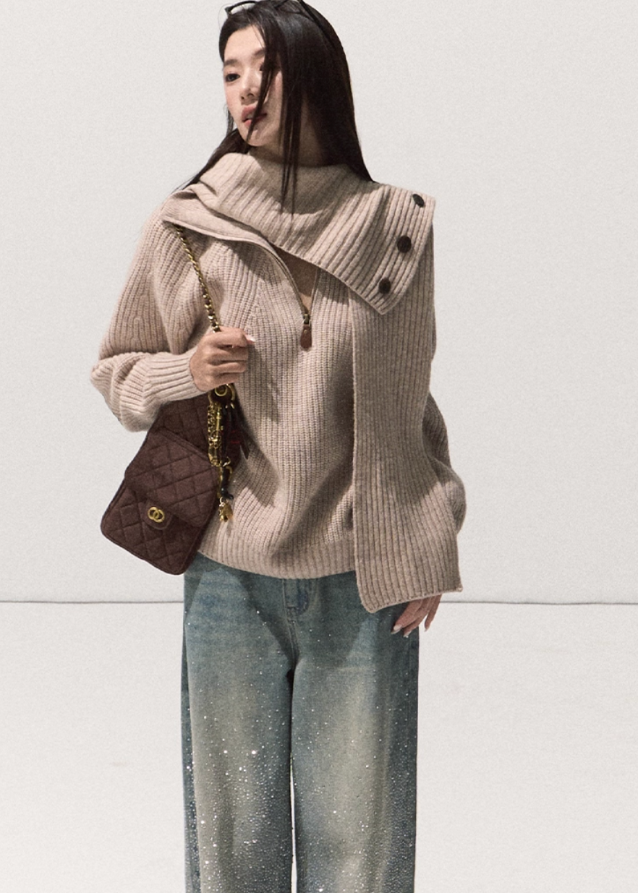 OAKMOO merino knit sweater, shawl collar knit top, foldover collar pullover, layered knit sweater women, winter merino wool top, sculptural knitwear, Korean style wool sweater, oversized warm merino pullover, fall winter boutique knit, soft luxury knit top