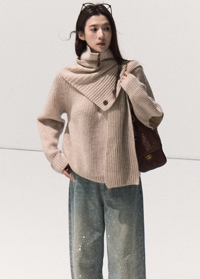 OAKMOO merino knit sweater, shawl collar knit top, foldover collar pullover, layered knit sweater women, winter merino wool top, sculptural knitwear, Korean style wool sweater, oversized warm merino pullover, fall winter boutique knit, soft luxury knit top