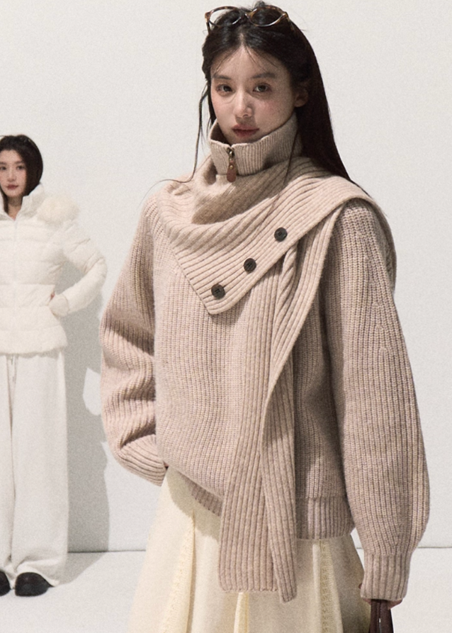 OAKMOO merino knit sweater, shawl collar knit top, foldover collar pullover, layered knit sweater women, winter merino wool top, sculptural knitwear, Korean style wool sweater, oversized warm merino pullover, fall winter boutique knit, soft luxury knit top