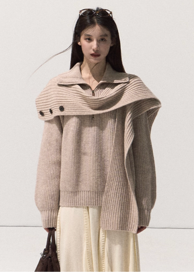 OAKMOO merino knit sweater, shawl collar knit top, foldover collar pullover, layered knit sweater women, winter merino wool top, sculptural knitwear, Korean style wool sweater, oversized warm merino pullover, fall winter boutique knit, soft luxury knit top