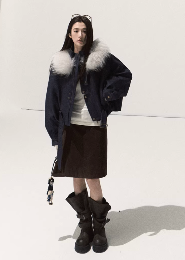 OAKMOO winter jacket, raccoon fur collar coat, brushed denim short jacket, imitation denim padded coat, cropped warm cotton jacket, Korean winter fashion outerwear, thickened cotton padded jacket, boutique winter coat women, fluffy collar denim jacket, winter warm short coat
