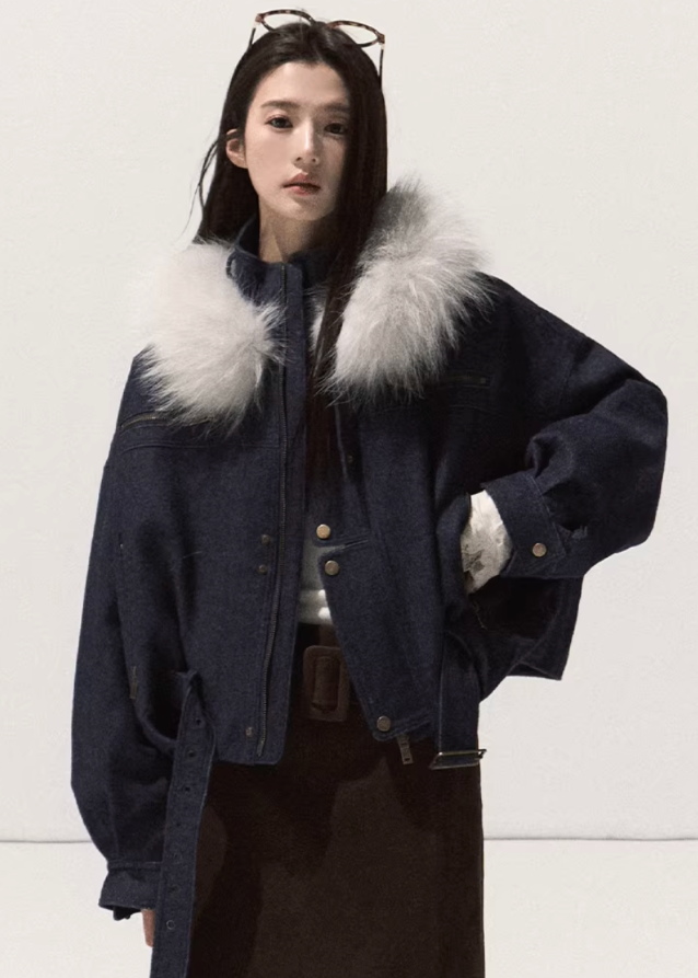 OAKMOO winter jacket, raccoon fur collar coat, brushed denim short jacket, imitation denim padded coat, cropped warm cotton jacket, Korean winter fashion outerwear, thickened cotton padded jacket, boutique winter coat women, fluffy collar denim jacket, winter warm short coat