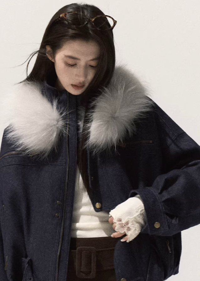 OAKMOO winter jacket, raccoon fur collar coat, brushed denim short jacket, imitation denim padded coat, cropped warm cotton jacket, Korean winter fashion outerwear, thickened cotton padded jacket, boutique winter coat women, fluffy collar denim jacket, winter warm short coat