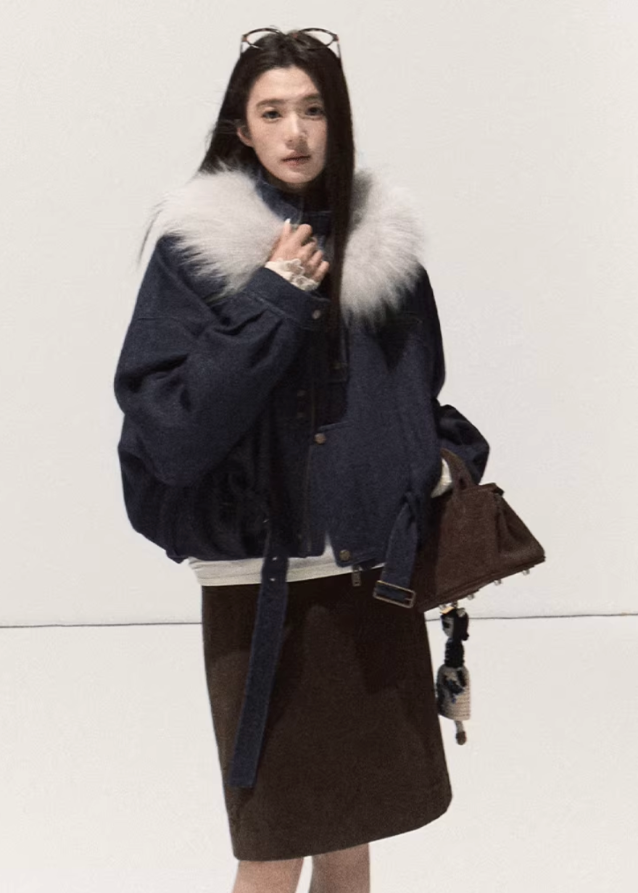OAKMOO winter jacket, raccoon fur collar coat, brushed denim short jacket, imitation denim padded coat, cropped warm cotton jacket, Korean winter fashion outerwear, thickened cotton padded jacket, boutique winter coat women, fluffy collar denim jacket, winter warm short coat