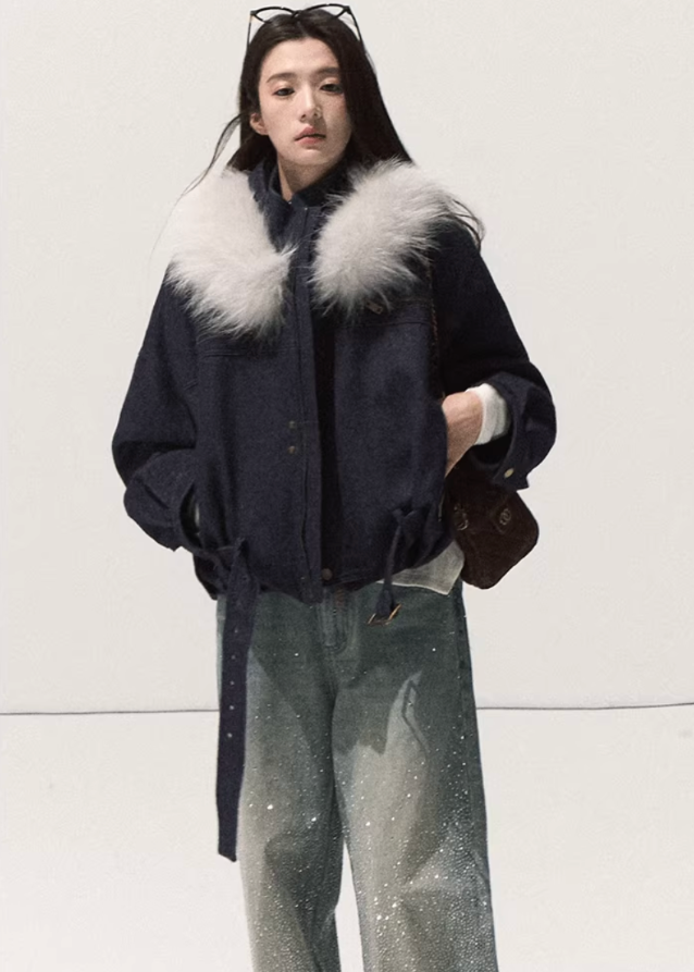 OAKMOO winter jacket, raccoon fur collar coat, brushed denim short jacket, imitation denim padded coat, cropped warm cotton jacket, Korean winter fashion outerwear, thickened cotton padded jacket, boutique winter coat women, fluffy collar denim jacket, winter warm short coat