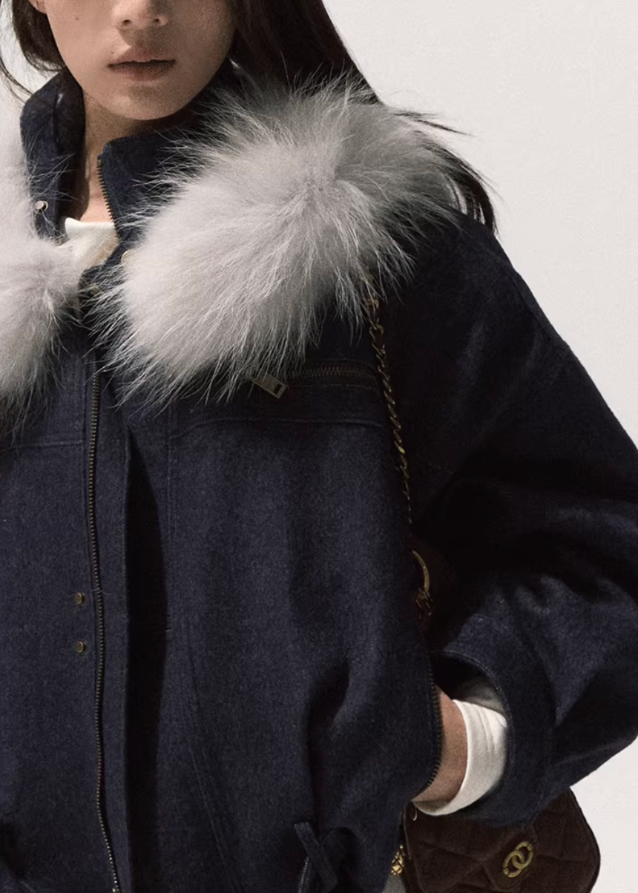 OAKMOO winter jacket, raccoon fur collar coat, brushed denim short jacket, imitation denim padded coat, cropped warm cotton jacket, Korean winter fashion outerwear, thickened cotton padded jacket, boutique winter coat women, fluffy collar denim jacket, winter warm short coat