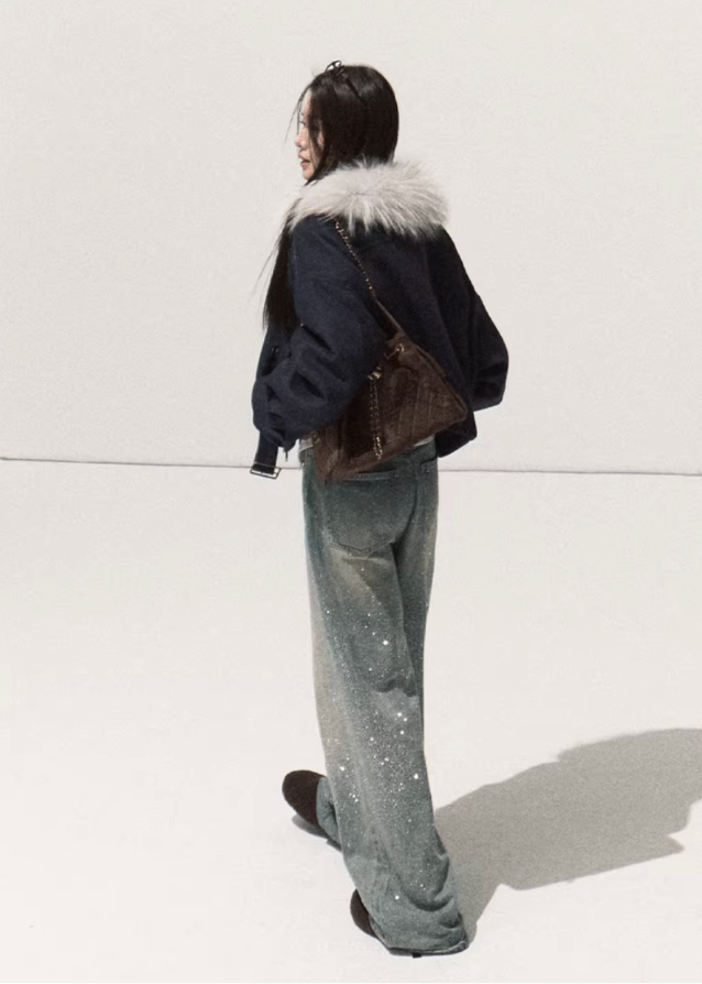 OAKMOO winter jacket, raccoon fur collar coat, brushed denim short jacket, imitation denim padded coat, cropped warm cotton jacket, Korean winter fashion outerwear, thickened cotton padded jacket, boutique winter coat women, fluffy collar denim jacket, winter warm short coat