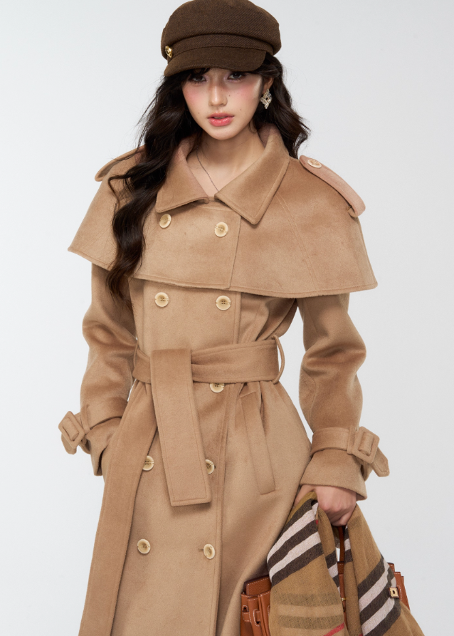 4muggle, camel trench coat, cape trench coat, British style long coat, women’s wool long trench, cape shoulder coat, tweed trench coat, autumn winter coat, elegant long jacket, detective coat style, classic camel wool coat, vintage British fashion, cape design outerwear, slim long coat women, stylish winter coat