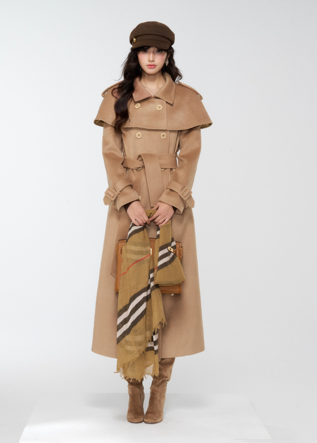 4muggle, camel trench coat, cape trench coat, British style long coat, women’s wool long trench, cape shoulder coat, tweed trench coat, autumn winter coat, elegant long jacket, detective coat style, classic camel wool coat, vintage British fashion, cape design outerwear, slim long coat women, stylish winter coat