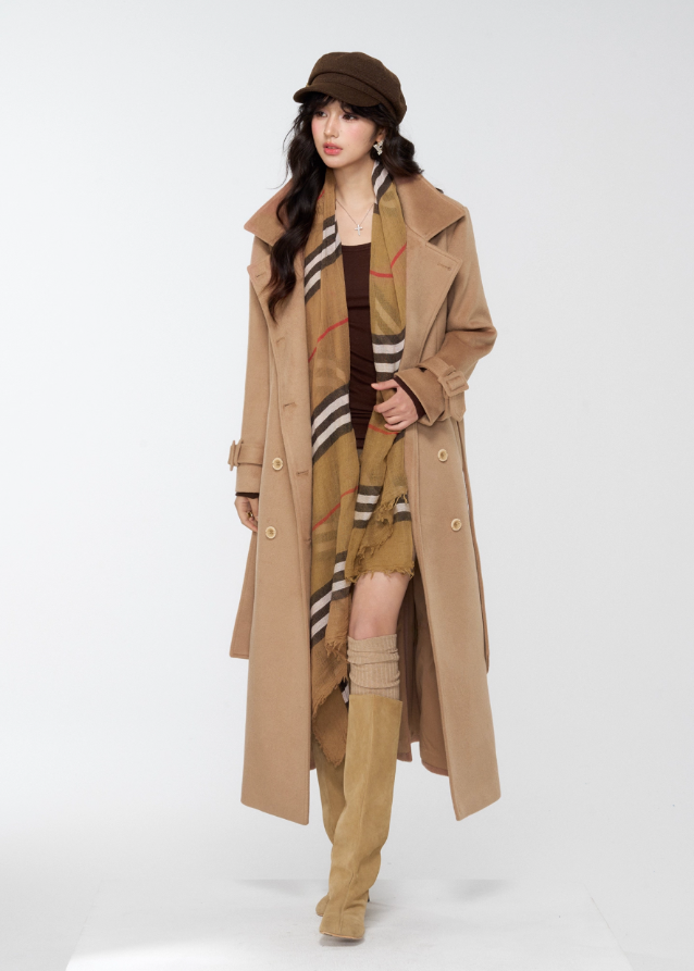 4muggle, camel trench coat, cape trench coat, British style long coat, women’s wool long trench, cape shoulder coat, tweed trench coat, autumn winter coat, elegant long jacket, detective coat style, classic camel wool coat, vintage British fashion, cape design outerwear, slim long coat women, stylish winter coat