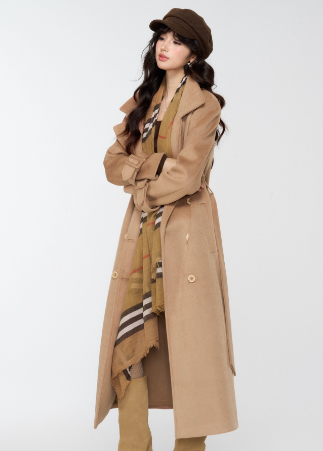 4muggle, camel trench coat, cape trench coat, British style long coat, women’s wool long trench, cape shoulder coat, tweed trench coat, autumn winter coat, elegant long jacket, detective coat style, classic camel wool coat, vintage British fashion, cape design outerwear, slim long coat women, stylish winter coat