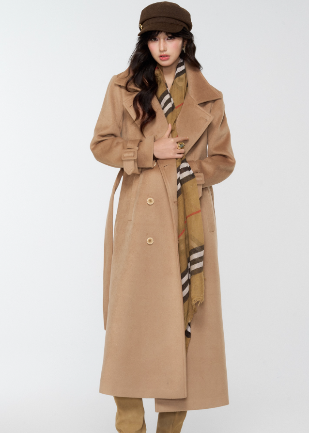 4muggle, camel trench coat, cape trench coat, British style long coat, women’s wool long trench, cape shoulder coat, tweed trench coat, autumn winter coat, elegant long jacket, detective coat style, classic camel wool coat, vintage British fashion, cape design outerwear, slim long coat women, stylish winter coat
