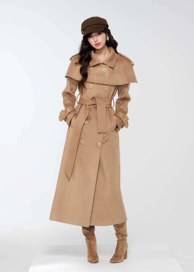 4muggle, camel trench coat, cape trench coat, British style long coat, women’s wool long trench, cape shoulder coat, tweed trench coat, autumn winter coat, elegant long jacket, detective coat style, classic camel wool coat, vintage British fashion, cape design outerwear, slim long coat women, stylish winter coat