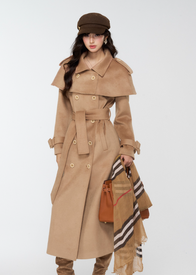 4muggle, camel trench coat, cape trench coat, British style long coat, women’s wool long trench, cape shoulder coat, tweed trench coat, autumn winter coat, elegant long jacket, detective coat style, classic camel wool coat, vintage British fashion, cape design outerwear, slim long coat women, stylish winter coat