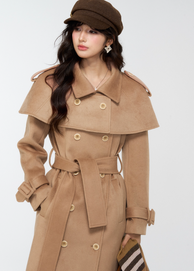 4muggle, camel trench coat, cape trench coat, British style long coat, women’s wool long trench, cape shoulder coat, tweed trench coat, autumn winter coat, elegant long jacket, detective coat style, classic camel wool coat, vintage British fashion, cape design outerwear, slim long coat women, stylish winter coat