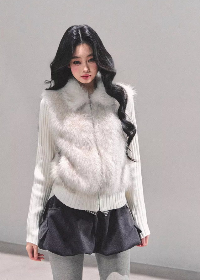 AOMALM winter top, faux fur knit jacket, Korean style winter outfit, eco fur pullover, soft fur sweater women, layered knit jacket, winter feminine top, warm winter knitwear, fake two piece top, Korean fashion 2025, cozy winter tops, plush faux fur jacket women, ribbed knit winter top, stylish warm tops for women, feminine winter clothing, A-line winter outfits, cute Korean winter look, soft landing jacket AOMALM, winter warm aesthetic top