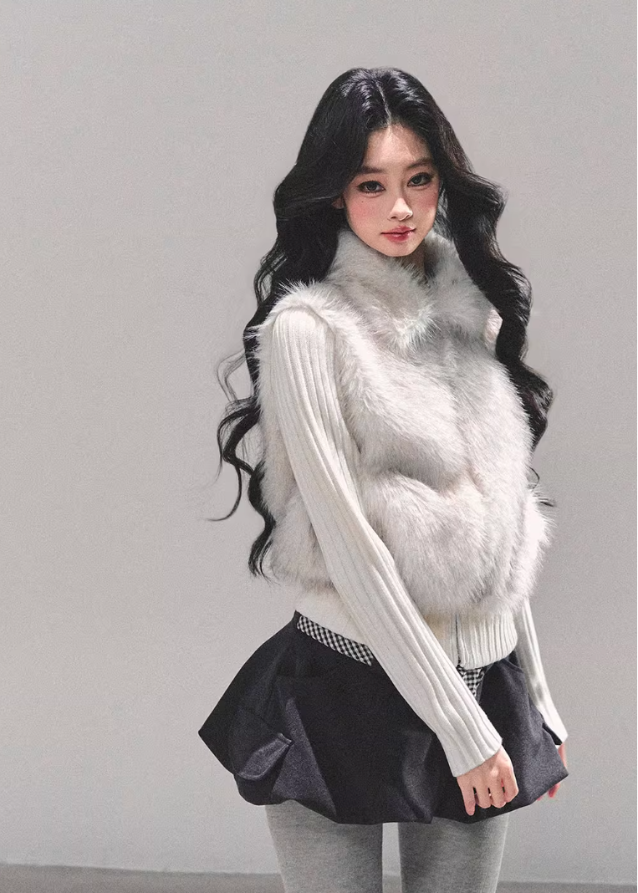 AOMALM winter top, faux fur knit jacket, Korean style winter outfit, eco fur pullover, soft fur sweater women, layered knit jacket, winter feminine top, warm winter knitwear, fake two piece top, Korean fashion 2025, cozy winter tops, plush faux fur jacket women, ribbed knit winter top, stylish warm tops for women, feminine winter clothing, A-line winter outfits, cute Korean winter look, soft landing jacket AOMALM, winter warm aesthetic top