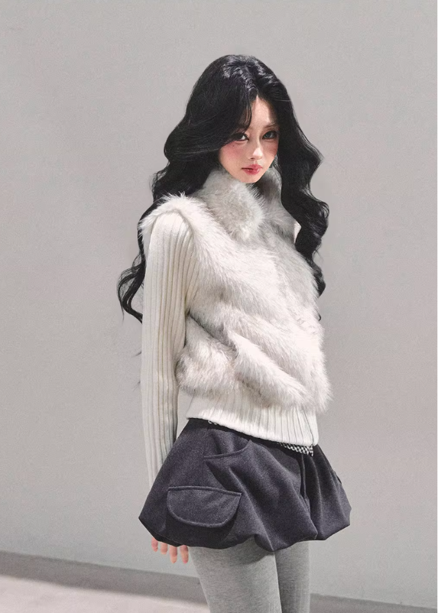 AOMALM winter top, faux fur knit jacket, Korean style winter outfit, eco fur pullover, soft fur sweater women, layered knit jacket, winter feminine top, warm winter knitwear, fake two piece top, Korean fashion 2025, cozy winter tops, plush faux fur jacket women, ribbed knit winter top, stylish warm tops for women, feminine winter clothing, A-line winter outfits, cute Korean winter look, soft landing jacket AOMALM, winter warm aesthetic top