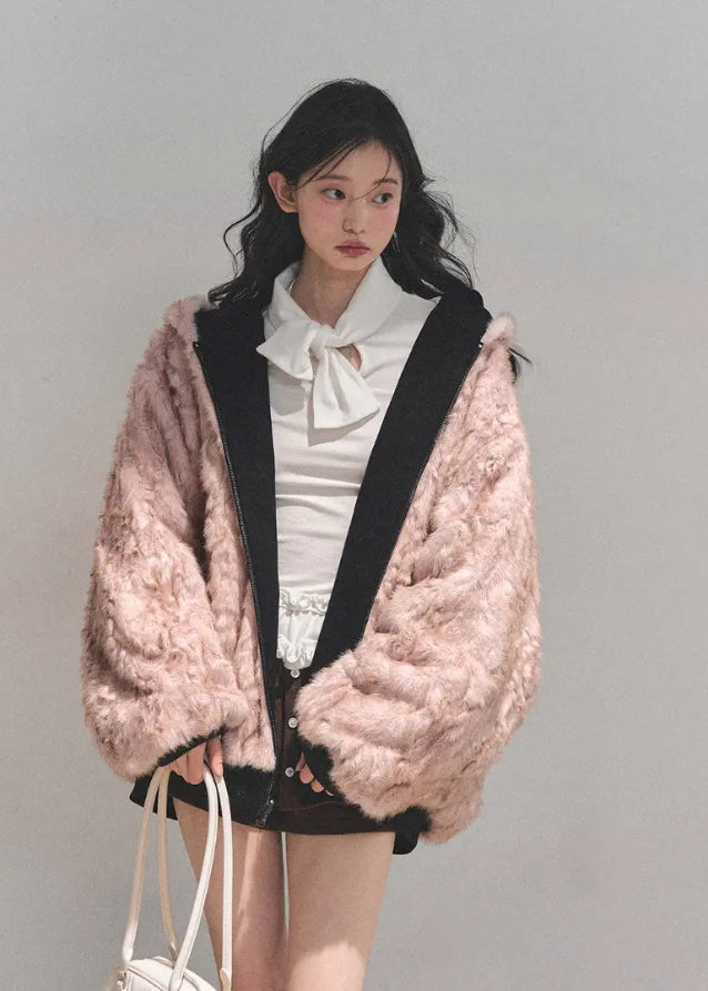 reversible plush jacket, Korean winter coat, AOMALM jacket, fluffy hooded coat, faux fur hoodie, winter warm jacket women, sweet girl winter fashion, reversible fur coat, Korean style outerwear, cozy plush hoodie, soft fur jacket, warm cute jacket, winter aesthetic coat, feminine winter outfit, dual-side jacket, fluffy reversible coat, winter streetwear, hooded plush coat, warm sweatshirt jacket, soft girl winter style