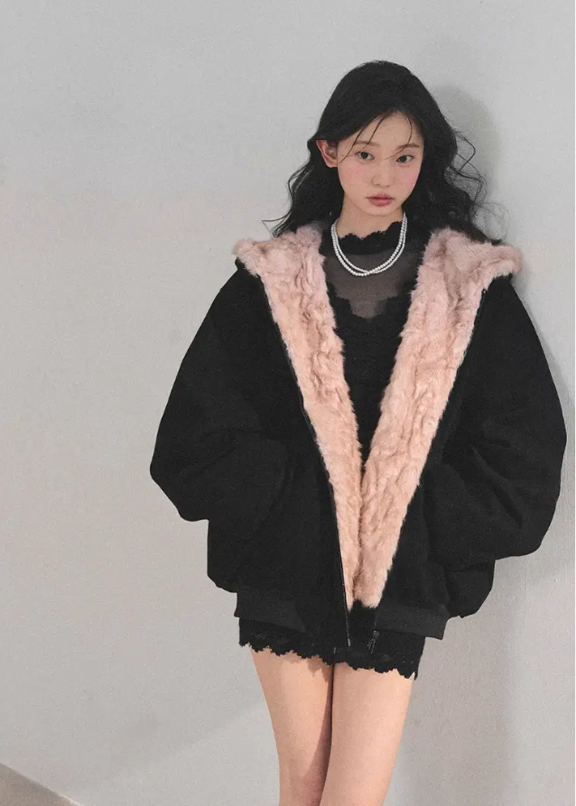 reversible plush jacket, Korean winter coat, AOMALM jacket, fluffy hooded coat, faux fur hoodie, winter warm jacket women, sweet girl winter fashion, reversible fur coat, Korean style outerwear, cozy plush hoodie, soft fur jacket, warm cute jacket, winter aesthetic coat, feminine winter outfit, dual-side jacket, fluffy reversible coat, winter streetwear, hooded plush coat, warm sweatshirt jacket, soft girl winter style