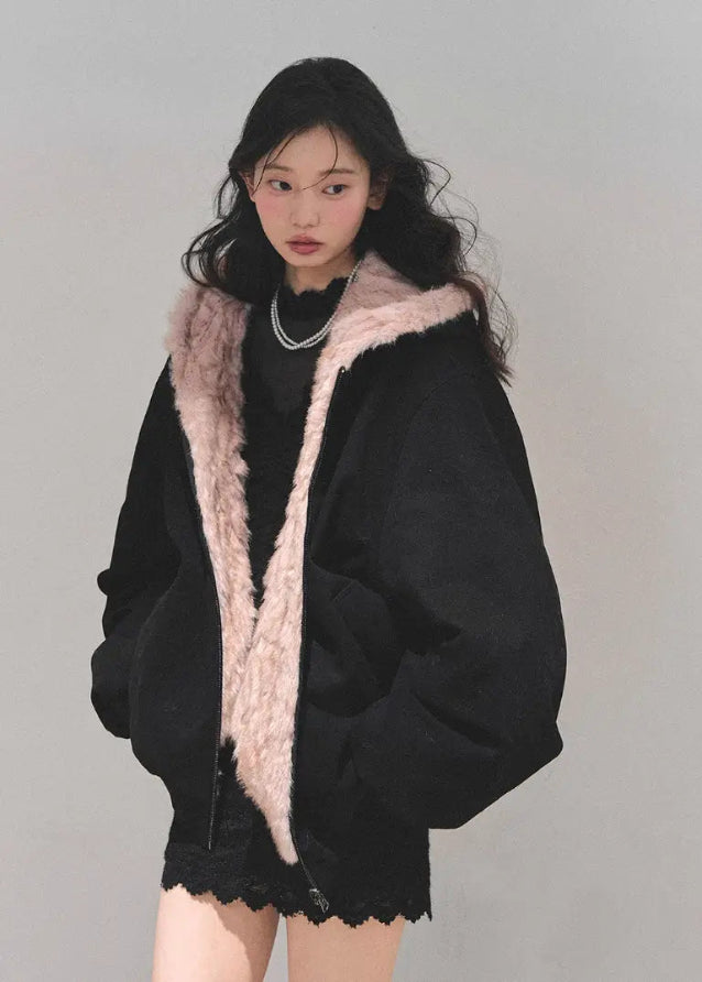 reversible plush jacket, Korean winter coat, AOMALM jacket, fluffy hooded coat, faux fur hoodie, winter warm jacket women, sweet girl winter fashion, reversible fur coat, Korean style outerwear, cozy plush hoodie, soft fur jacket, warm cute jacket, winter aesthetic coat, feminine winter outfit, dual-side jacket, fluffy reversible coat, winter streetwear, hooded plush coat, warm sweatshirt jacket, soft girl winter style