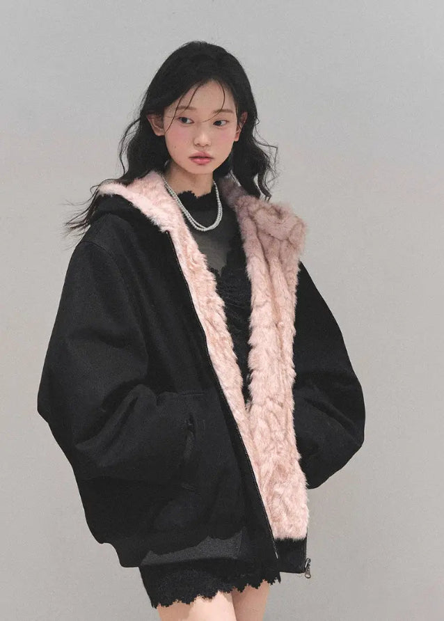 reversible plush jacket, Korean winter coat, AOMALM jacket, fluffy hooded coat, faux fur hoodie, winter warm jacket women, sweet girl winter fashion, reversible fur coat, Korean style outerwear, cozy plush hoodie, soft fur jacket, warm cute jacket, winter aesthetic coat, feminine winter outfit, dual-side jacket, fluffy reversible coat, winter streetwear, hooded plush coat, warm sweatshirt jacket, soft girl winter style