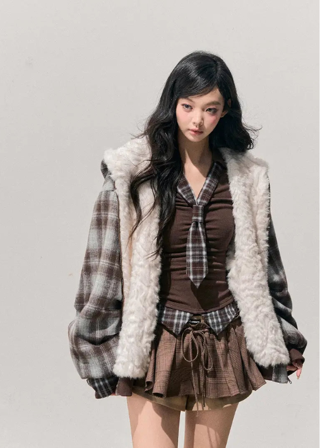 reversible plush jacket, Korean winter coat, AOMALM jacket, fluffy hooded coat, faux fur hoodie, winter warm jacket women, sweet girl winter fashion, reversible fur coat, Korean style outerwear, cozy plush hoodie, soft fur jacket, warm cute jacket, winter aesthetic coat, feminine winter outfit, dual-side jacket, fluffy reversible coat, winter streetwear, hooded plush coat, warm sweatshirt jacket, soft girl winter style