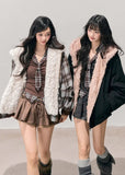 reversible plush jacket, Korean winter coat, AOMALM jacket, fluffy hooded coat, faux fur hoodie, winter warm jacket women, sweet girl winter fashion, reversible fur coat, Korean style outerwear, cozy plush hoodie, soft fur jacket, warm cute jacket, winter aesthetic coat, feminine winter outfit, dual-side jacket, fluffy reversible coat, winter streetwear, hooded plush coat, warm sweatshirt jacket, soft girl winter style