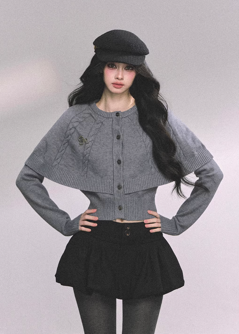 AOMALM knit sweater, cropped winter sweater women, cloak style knit top, Korean feminine sweater, needle twist sweater, winter cropped knit top, women cape sweater, soft winter knitwear, Korean aesthetic clothing, layered winter top, feminine cropped sweater, cozy knit top women, stylish winter sweater, minimalist knitwear, winter fashion women, Korean style winter top