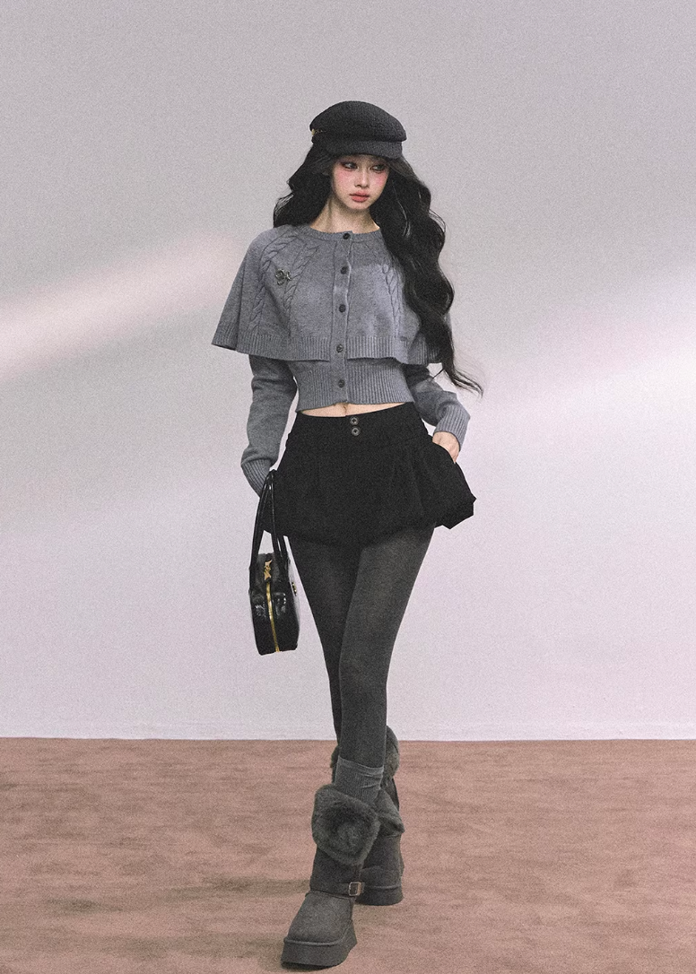 AOMALM knit sweater, cropped winter sweater women, cloak style knit top, Korean feminine sweater, needle twist sweater, winter cropped knit top, women cape sweater, soft winter knitwear, Korean aesthetic clothing, layered winter top, feminine cropped sweater, cozy knit top women, stylish winter sweater, minimalist knitwear, winter fashion women, Korean style winter top