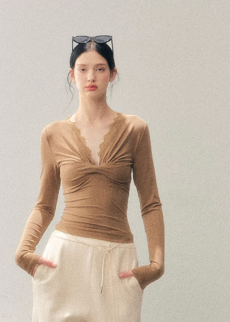 AOMALM lace top, long sleeve V-neck top women, slimming lace T-shirt, Korean feminine top, hot girl long sleeve top, autumn slim fit top, lace detail shirt women, soft stretch long sleeve, elegant V-neck top, Korean aesthetic clothing, fitted women’s top, lightweight fall top, feminine lace blouse, layering long sleeve top